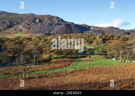 The River Ogwen runs through northern Snowdonia into the Menai Strait. Here it is seen near Penrhyn Slate Quarry with slate wast in the background. Stock Photo