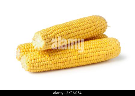 Three cob of ripe corn isolated on white Stock Photo