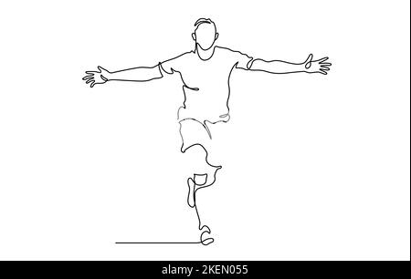 continuous line drawing of happiness man running with cheerful vector illustration. soccer player, runner. Stock Vector