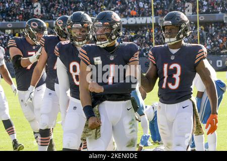 Chicago, IL, USA. 6th Nov, 2022. Chicago Bears #11 Darnell Mooney  celebrates his touchdown with quarterback #1 Justin Fields during a game  against the Miami Dolphins in Chicago, IL. Mike Wulf/CSM/Alamy Live