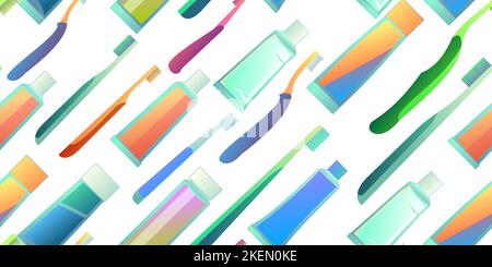 Tubes of toothpaste and toothbrushes items seamless pattern. Cartoon style. Items for dental and oral care. Isolated on white background. Vector Stock Vector