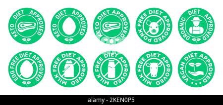 Keto Diet Approved, Pork Free, Organic, Egg, Milk and vegan Icon Stock Vector
