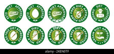 Keto Diet Approved, Pork Free, Organic, Egg, Milk and Vegan Certificate Badge Icon in Gold and Green Colors Stock Vector