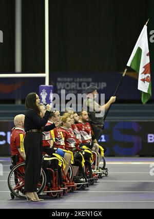 Sheffield, United Kingdom. 13th Nov, 2022. Rugby league world cup 2021. England V Wales. EIS. Sheffield. The Welsh team sing their National Anthem during the England V Wales wheelchair rugby league world cup semi-final match. Credit: Sport In Pictures/Alamy Live News Stock Photo