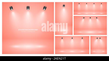 Empty peach studio abstract backgrounds with spotlights. Product showcase backdrop with spotlight effect. Stage lighting. Vector illustration Stock Vector