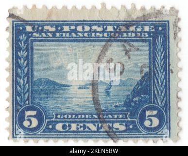 USA - 1913: An 5 cent blue postage stamp depicting Golden Gate of San Francisco Bay, Panama-Pacific Exposition Issue. The Panama–Pacific International Exposition was a world's fair held in San Francisco, California, United States, from February 20 to December 4, 1915. Its stated purpose was to celebrate the completion of the Panama Canal, but it was widely seen in the city as an opportunity to showcase its recovery from the 1906 earthquake Stock Photo