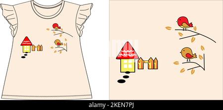 sparrow with house t shirt graphic design vector illustration digital fileScreen printing,kids clothing,kids fashion,vector,vector art,graphic tees,gr Stock Vector
