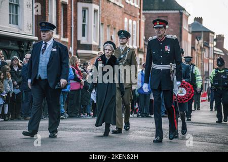 Hereford, UK. 13th Nov, 2022. High Sheriff of Hereford seen marching along the Streets. Hereford marks Remembrance Sunday on the 100th anniversary of the Eleanor Cross in St Peters Square. Designed in the form of an Eleanor Cross, the 30ft high Memorial was unveiled and dedicated on 7th October, 1922 in commemoration of about 2000 Herefordshire service men and women who gave their lives in the 1914-1918 War. Credit: SOPA Images Limited/Alamy Live News Stock Photo