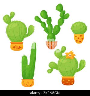 Collection of cacti. Beautiful prickly tropical green cactus in flowerpots. Vector illustration in flat style Stock Vector