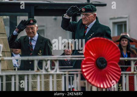 Hereford, UK. 13th Nov, 2022. Veterans pay their respects. Hereford marks Remembrance Sunday on the 100th anniversary of the Eleanor Cross in St Peters Square. Designed in the form of an Eleanor Cross, the 30ft high Memorial was unveiled and dedicated on 7th October, 1922 in commemoration of about 2000 Herefordshire service men and women who gave their lives in the 1914-1918 War. (Photo by Jim Wood/SOPA Images/Sipa USA) Credit: Sipa USA/Alamy Live News Stock Photo