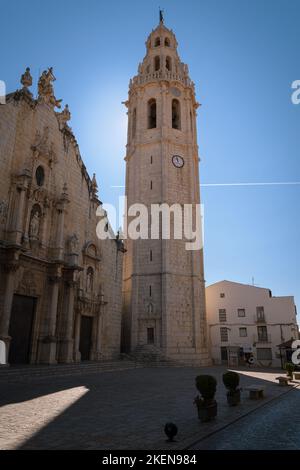 San Juan Bautista church and the monumental bell tower, Alcala de Chivert, Castellon, Spain Stock Photo