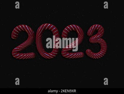 2023 3d Realistic Red and Gold Foil Balloons on black background. Merry Christmas and Happy New Year 2023 greeting card. 3d rendering Stock Photo