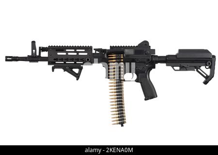 Carbine with belt-fed upper receiver that convert AR-15 or M16 from a standard, magazine rifle to light machine gun. Isolated on a white background Stock Photo