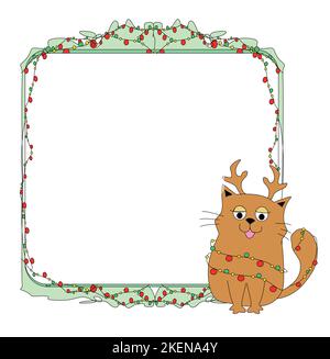 Merry christmas frame with cute cat with reindeer horns and Christmas tree lights - doodle illustration Stock Vector