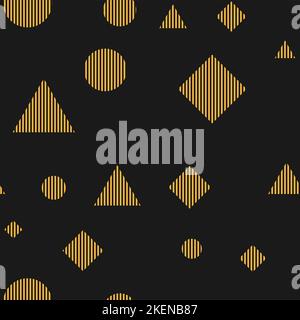 Different geometric shapes on a black background. A rhombus, a triangle, a yellow circle and a black stripe. Striped geometrical forms. Vector. Stock Vector