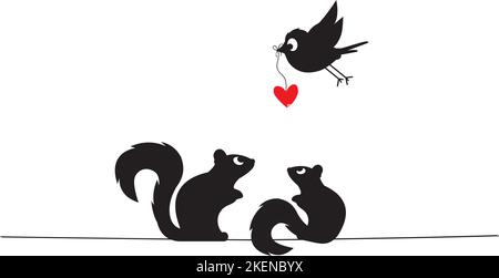 Squirrels silhouettes on wire and lying bird with red heart, vector. Wall Decals, Squirrel silhouette, illustration. Minimalist poster design, banner Stock Vector