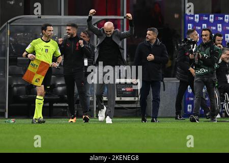 Milan, Italy. 13th Nov, 2022. Coach Stefano Pioli of Milan Fc celebrating after a goal during the Italian Serie A tootball match between Inter FC Internazionale and Bologna Fc on 16 of October 2022 at Giuseppe Meazza San Siro Siro stadium in Milan, Italy. Credit: Tiziano Ballabio/Alamy Live News Credit: Tiziano Ballabio/Alamy Live News Stock Photo
