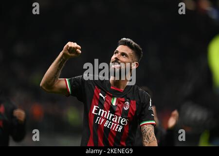 Milan, Italy. 13th Nov, 2022. Olivier Giroud Milan Fc celebrating after the victory during the Italian Serie A tootball match between Inter FC Internazionale and Bologna Fc on 16 of October 2022 at Giuseppe Meazza San Siro Siro stadium in Milan, Italy. Credit: Tiziano Ballabio/Alamy Live News Credit: Tiziano Ballabio/Alamy Live News Stock Photo