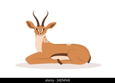 Cute african antelope. Gazelle with horns on white background. Mammal animal. Vector illustration in flat cartoon style Stock Vector