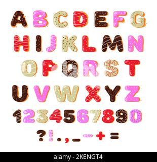 Donut font. Colorful sweet doughnut bakery alphabet latin letters and numbers for decoration, cartoon kids typeface cute glazed dessert. Vector Stock Vector