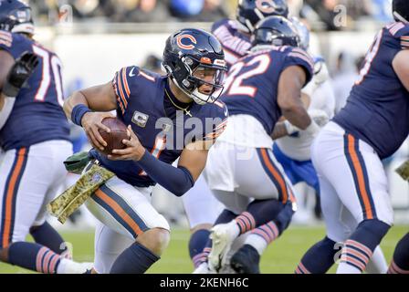 November 13, 2022: Chicago Bears #9 Jaquan Brisker tackles Lions #14  Amon-Ra St. Brown during a game against the Detroit Lions in Chicago, IL.  Mike Wulf/CSM Stock Photo - Alamy