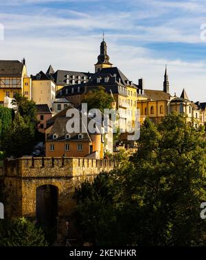 Ville Haute district in Luxembourg City overlooking belfry of Saint Michael Church Stock Photo