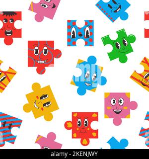 Puzzle characters pattern. Seamless print of funny abstract comic faces jigsaw pieces cartoon style, repeating background textile fabric design Stock Vector