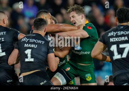 Leeds, UK. 03rd Nov, 2022. Heated exchanges during the Rugby League World 2021 match between Australia and New Zealand at Elland Road, Leeds, England on 11 November 2022. Photo by David Horn. Credit: PRiME Media Images/Alamy Live News Stock Photo
