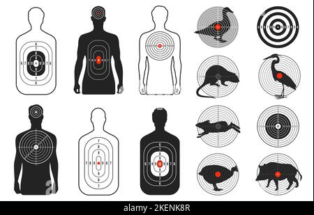 Gun Point Scene Target Shooting range target. Human and animals silhouette targets with bullet ...