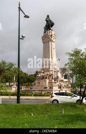 Marquis of Pombal statue in Lisbon on the Marques de Pombal roundabout. Sebastiao Jose de Carvalho e Melo was a Portuguese statesman and diplomat who Stock Photo