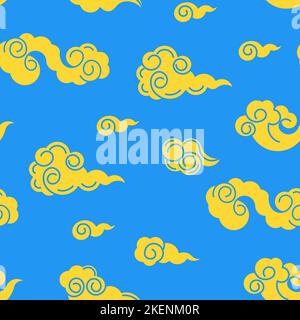 Oriental chinese or japanese seamless patterns. Traditional asian ornaments floral, geometric, with clouds, auspicious symbols. Stock Vector