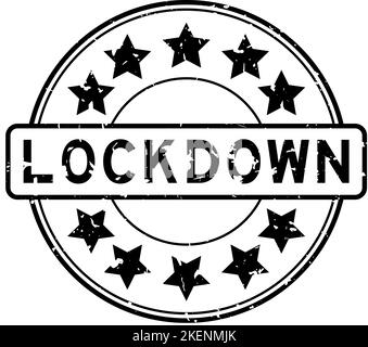 Grunge black lockdown word with star icon round rubber seal stamp on white background Stock Vector
