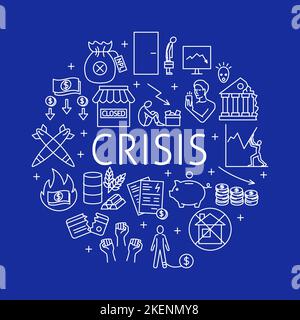Financial crisis round poster in line style. Economics problems and ...