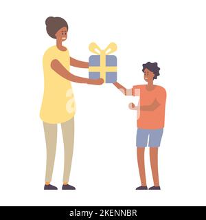 woman giving a gift to a child. Mom gives son a present. Vector illustration of a flat design Stock Vector