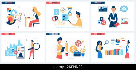 Big data, link building and storage of information for analysis, marketing business strategy set vector illustration. Cartoon tiny people work with magnifying glass and report charts on dashboard Stock Vector