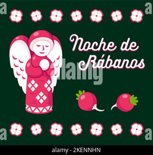 Noche de Rábanos (Night of the Radishes in Spanish) traditional festival in Oaxaca, Mexico. Carved radish angel figurine and flowers. Vector illustrat Stock Vector