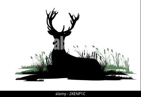 Adult male deer. Wild animals. Silhouette figures. Isolated on white background. Vector. Stock Vector