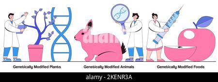 Genetically modified plants, animals, and foods concept with people characters. DNA engineering industry illustration pack. GMO farming, transgenic cr Stock Vector