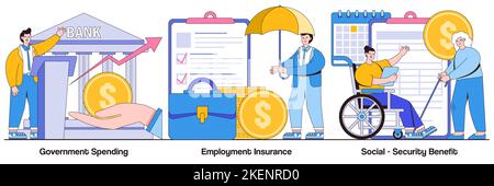 Government spending, employment insurance, social-security benefit concept with people characters. Country budget vector illustration pack. Sickness b Stock Vector