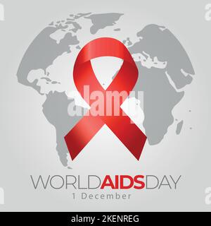 Vector in square format of a red ribbon, symbol of world aids day on the world map. december 1st hiv day Stock Vector