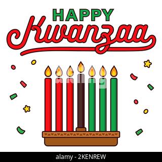 Happy Kwanzaa banner with kinara and seven candles. Line icon and text lettering. Cartoon vector clip art illustration. Stock Vector