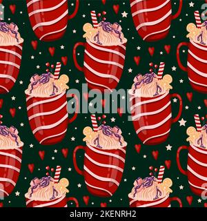 Wrapping paper with Christmas cups. Hot winter drink with marshmallows and cream. Cozy seamless pattern in hygge style. Christmas ornament. Stock Vector