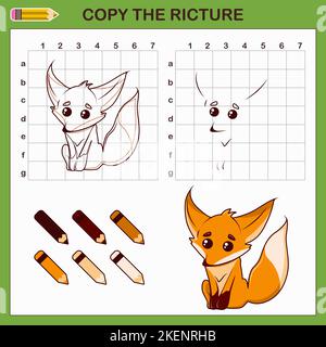 Copy drawing of Fox. Vector draw worksheet with cute fox. Stock Vector