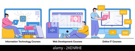 Information technology courses, web development courses, online IT courses concept with people characters. Computer science, internet education, remot Stock Vector