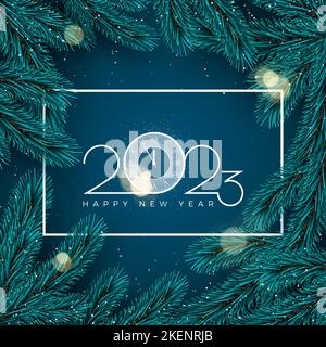 Happy New 2023 Year. Holiday background with white frame and fir tree branches and lights.  Vector illustration Stock Vector
