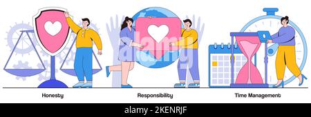 Honesty, responsibility, time management concept with people characters. Personal and professional skills abstract vector illustration pack. Personnel Stock Vector