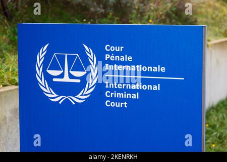 The Hague, Netherlands. 31th Oct 2022. International Criminal Court entrance sign in The Hague, Netherlands. Stock Photo