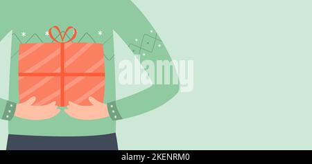 Cute cartoon surprised girl holding a present box. A holiday gift. Christmas concept Stock Vector