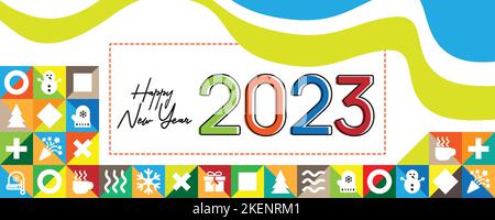 Happy New Year 2023 - Banner, Poster or Cover Image for Year 2023 Post Card Design with Colorful Winter Icons Stock Vector