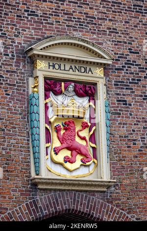 The Hague, Netherlands. 31th Oct 2022. Prison gate Gevangenpoort museum with coat of arms in The Hague, Netherlands. Stock Photo